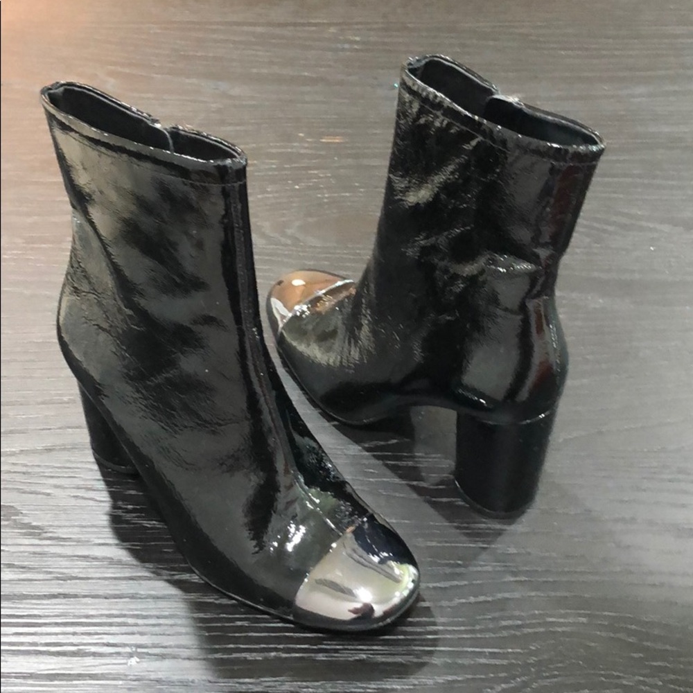 Zara black crinkle patent metal toe dress booties